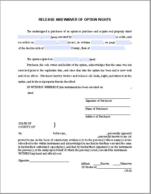 Release and Waiver of Option Rights Affidavit