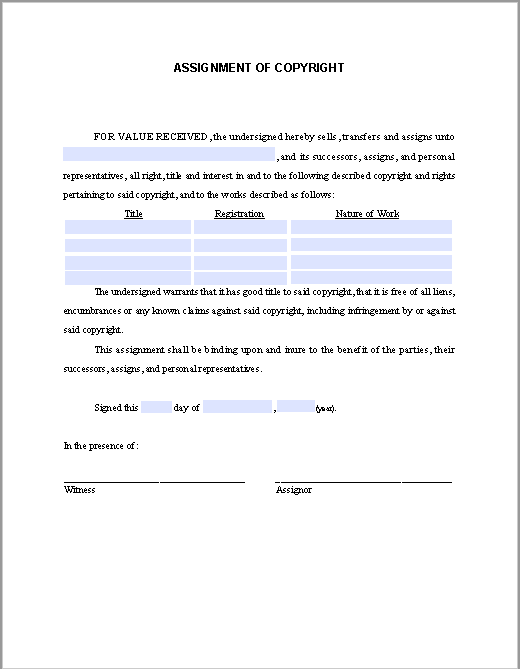 Form for Assignment of Copyright