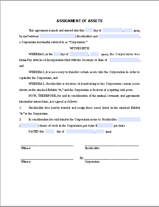 Form for Assignment of Assets Agreement
