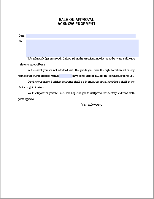 Sale-on-approval Acknowledgement Letter