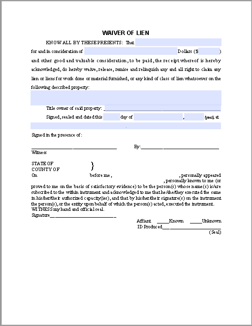 Waiver of Lien Certificate Template