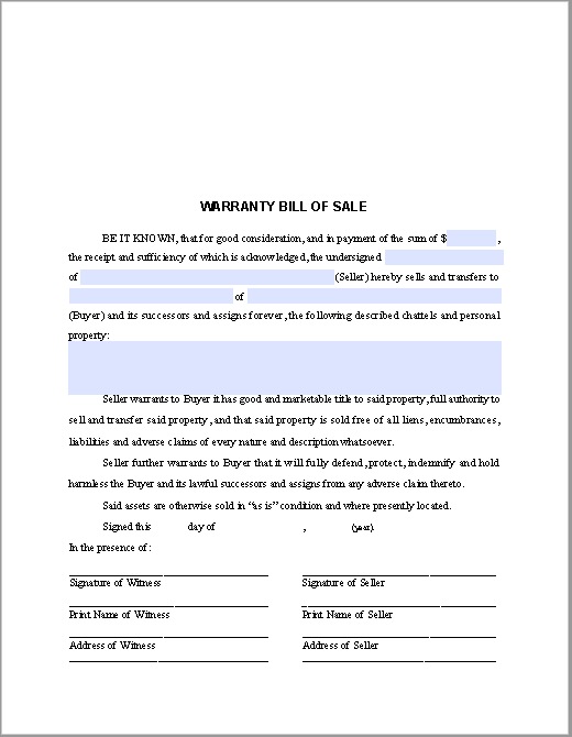 Warranty Bill of Sale Form