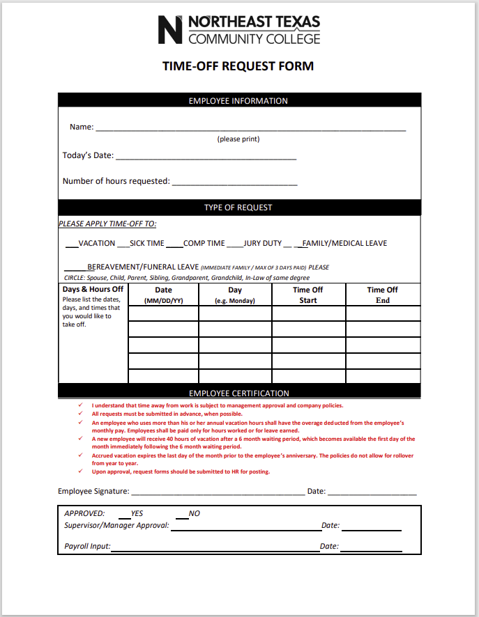 time off request form template 25