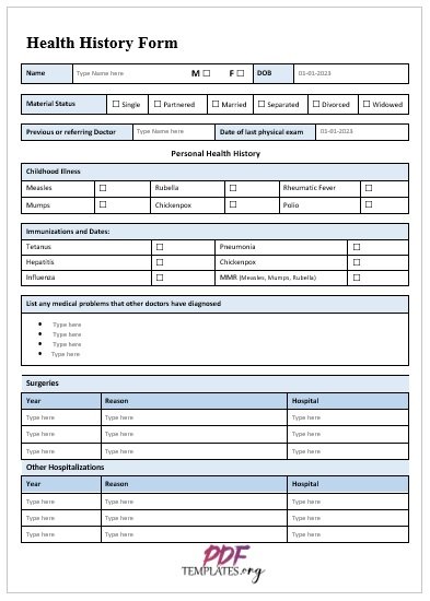 fillable health history form