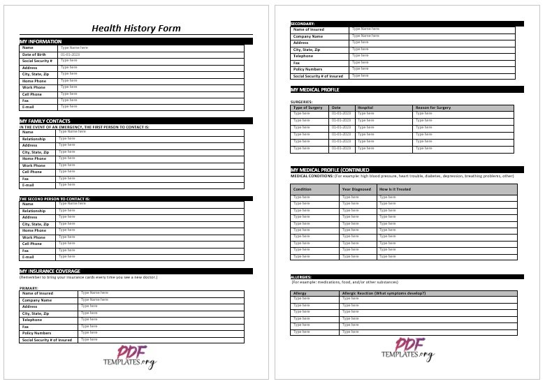medical health history form template