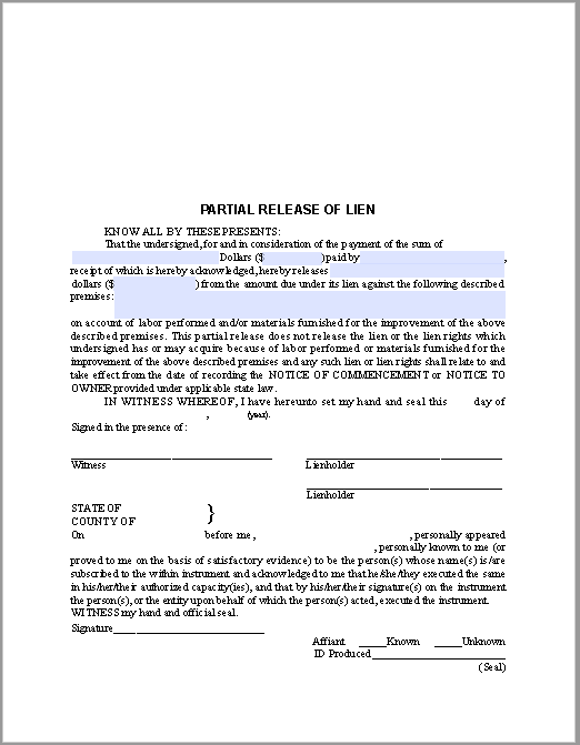 Partial Release of Lien Certificate Template