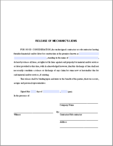Release of Mechanic Liens Certificate Template