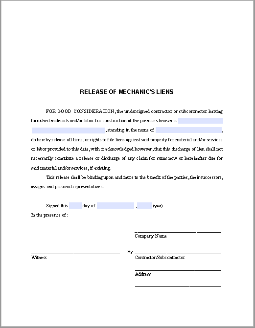 Release of Mechanic Liens Certificate Template